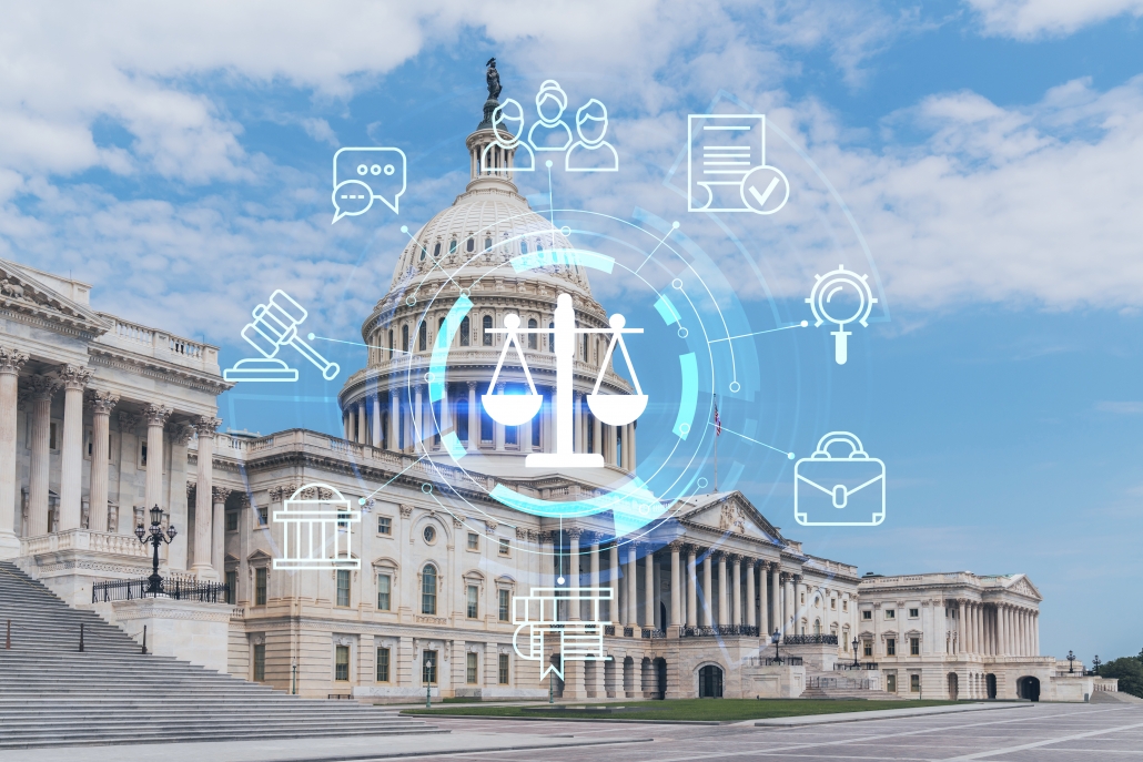 Capitol dome building exterior, Washington DC, USA. Home of Congress, Capitol Hill. American political system. Glowing hologram legal icons. The concept of law, order, regulations and digital justice