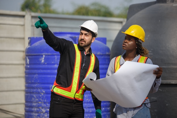 Construction civil engineer man and woman African American check